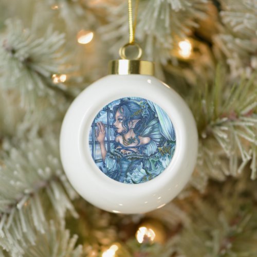 Frost Fairy Girls View of a Sapphire Winter Ceramic Ball Christmas Ornament