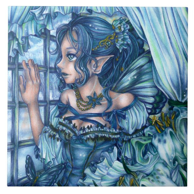 Frost Fairy Girl's View of a Sapphire Winter Ceramic Tile (Front)