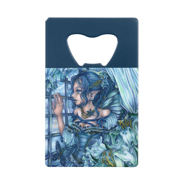 Frost Fairy Girl's View of a Sapphire Winter Credit Card Bottle Opener (Front)