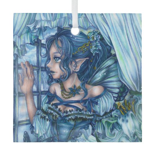 Frost Fairy Girl's View of a Sapphire Winter Glass Ornament