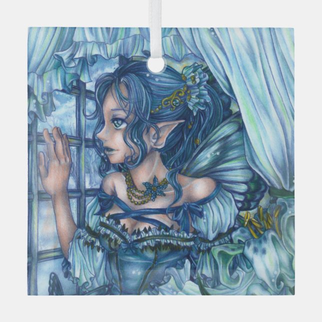 Frost Fairy Girl's View of a Sapphire Winter Glass Ornament (Front)