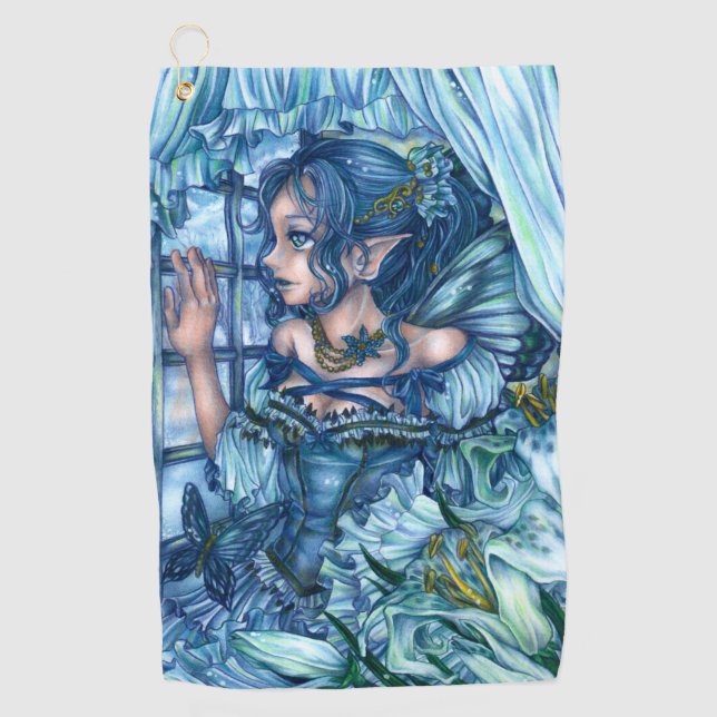 Frost Fairy Girl's View of a Sapphire Winter Golf Towel (Front)