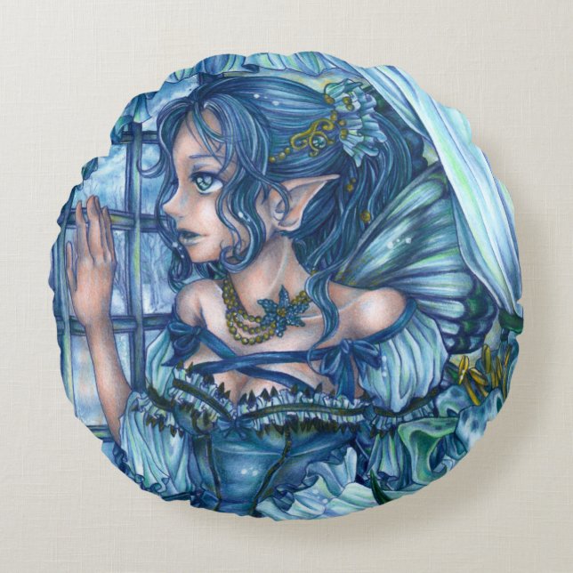 Frost Fairy Girl's View of a Sapphire Winter Round Pillow (Front)