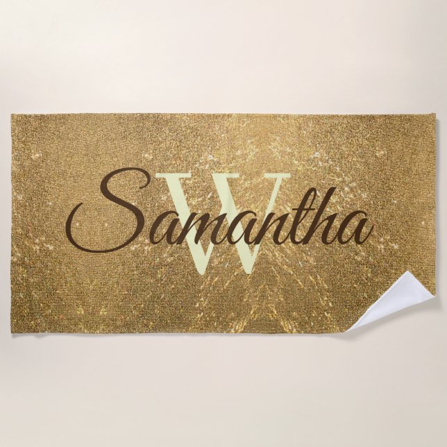 Frost Gold Glitter Script Monogram Girly Beach Towel (Front)