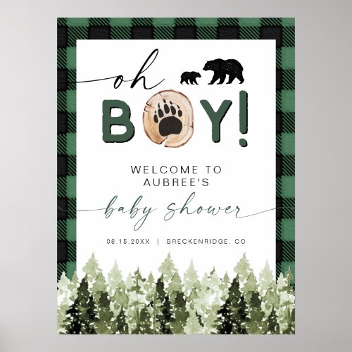 FROST Green Flannel Pine Bear Baby Shower Welcome Poster