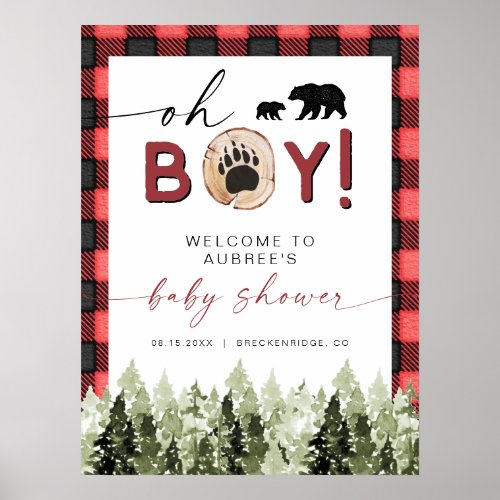 FROST Red Flannel Pine Bear Baby Shower Welcome Poster