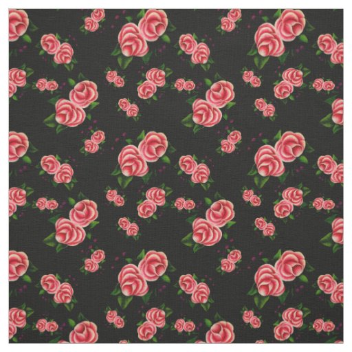 Frost Rosen, Pink rose, folk rose flower 2, black Fabric
