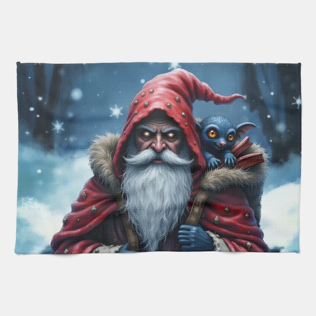 Frostbite Santa & His Mischief Elf. Kitchen Towel (Horizontal)