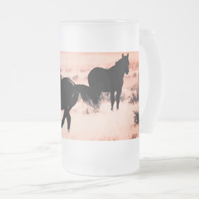 Frosted 16 oz Frosted Glass Mug WITH WILD HORSES (Front Right)