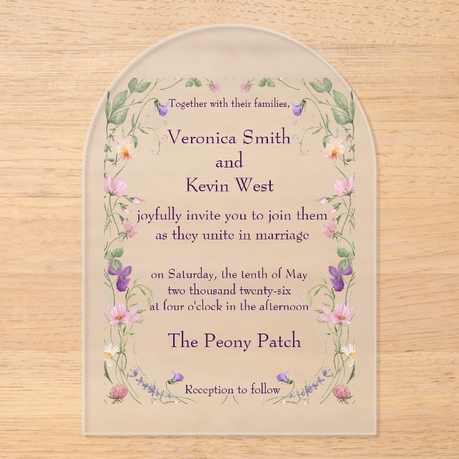 Frosted Arch Wildflower Acrylic Wedding Invitation (Front)
