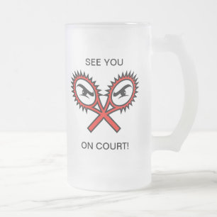 Frosted beer mug with funny humorous tennis slogan