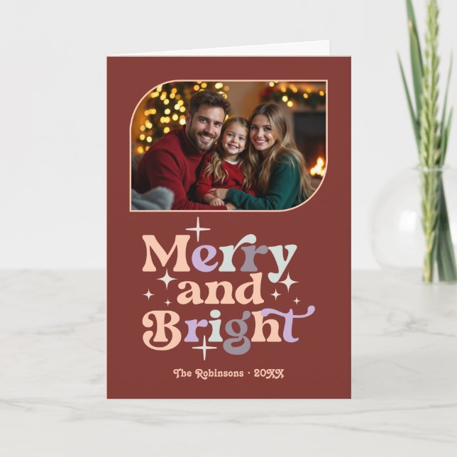 Frosted Berry Merry & Bright Retro Christmas Photo Holiday Card (Front)