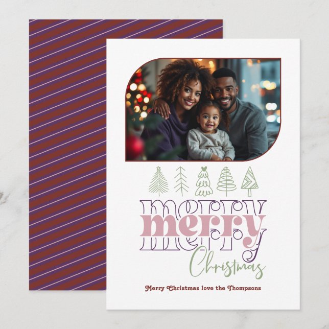 Frosted Berry Modern Retro Doodle Christmas Photo Holiday Card (Front/Back)