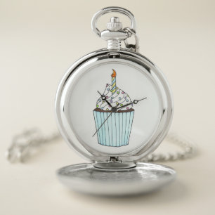 Frosted Birthday Cupcake Cake Sprinkles Candle Pocket Watch