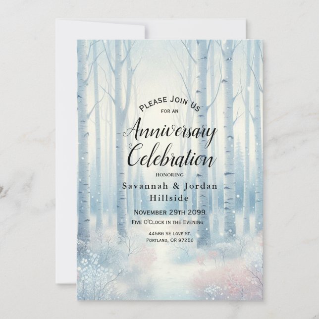 Frosted Blue Birch Forest Anniversary Party Invitation (Front)