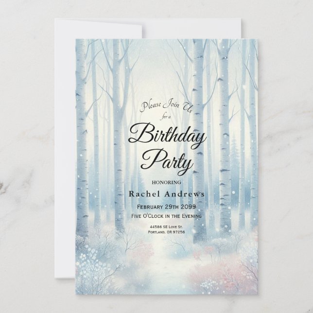  Frosted Blue Birch Forest Birthday Party Invitation (Front)
