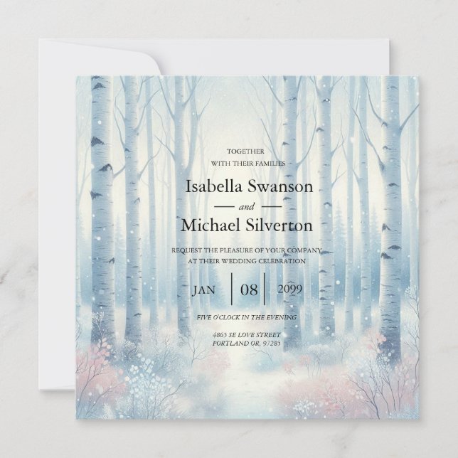 Frosted Blue Birch Forest Wedding Invitation (Front)