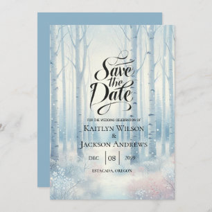 Frosted Blue Birch Forest Wedding Save The Date