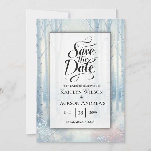 Frosted Blue Birch Forest Wedding Save The Date (Front)