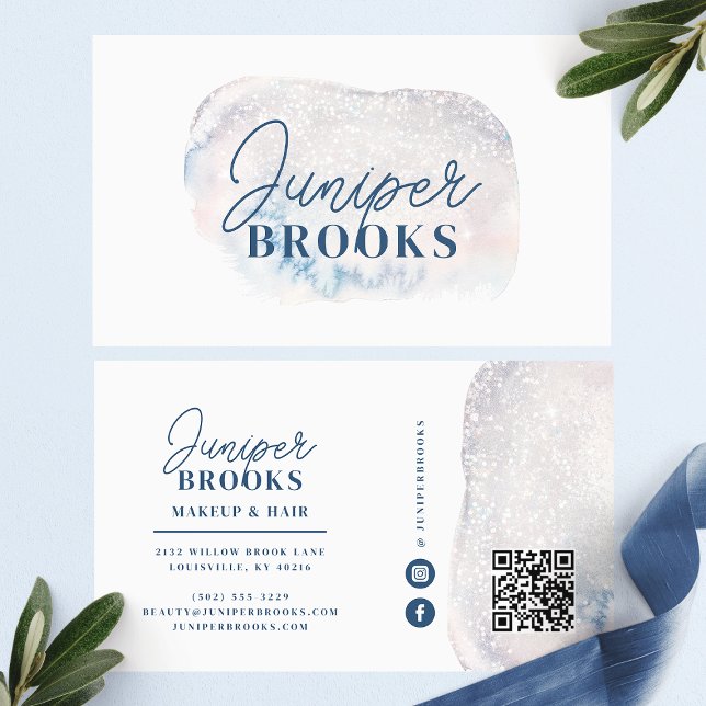 Frosted Blue Glitter Social Media QR Code Business Card (Creator Uploaded)