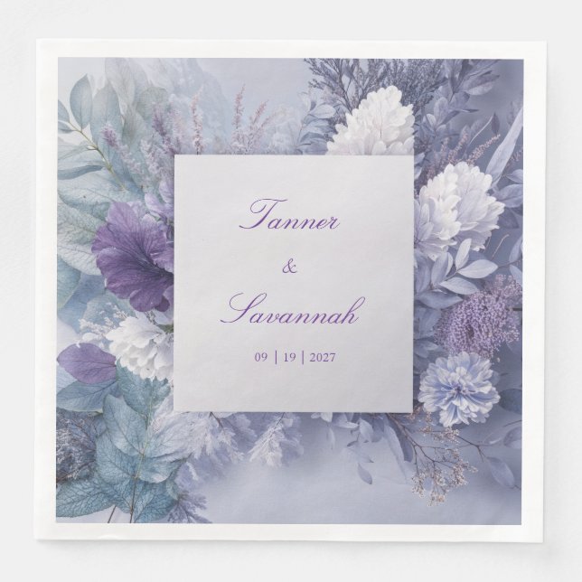 Frosted Blue Lavender Floral Winter Wedding Paper Dinner Napkins (Front)