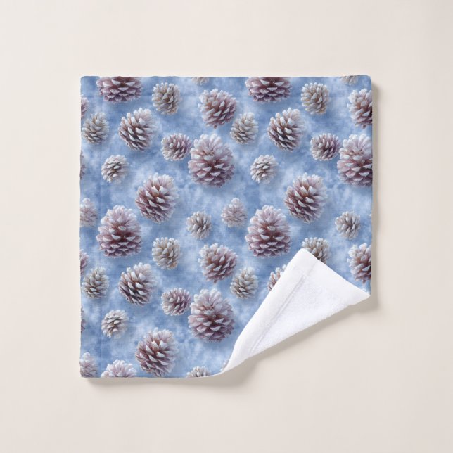Frosted Blue Pinecones Pattern Throw Pillow Bath Towel Set (Wash Cloth)