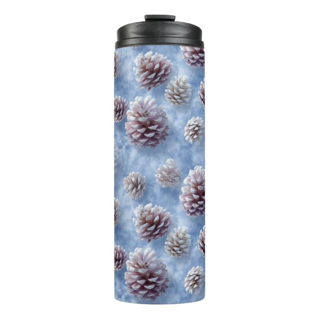 Frosted Blue Pinecones Pattern Throw Pillow Thermal Tumbler (Front)