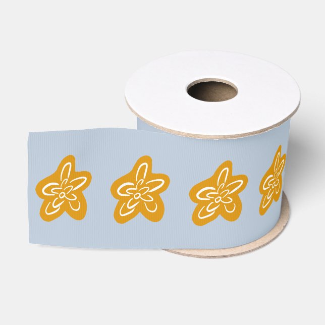 Frosted Blue Princess Golden Flowers Birthday Grosgrain Ribbon (Spool)