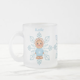 Frosted Blue Snowflake and Gingerbread Person  Glass Coffee Mug