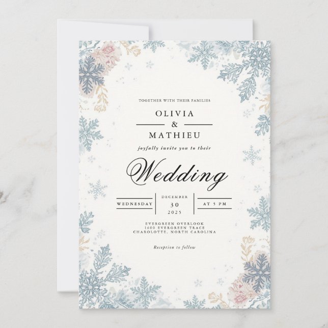 Frosted Blue Snowflakes Winter Wedding Invitation (Front)