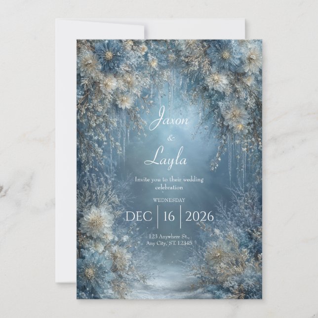 Frosted Blue White Floral Icicle Winter Wedding Invitation (Front)
