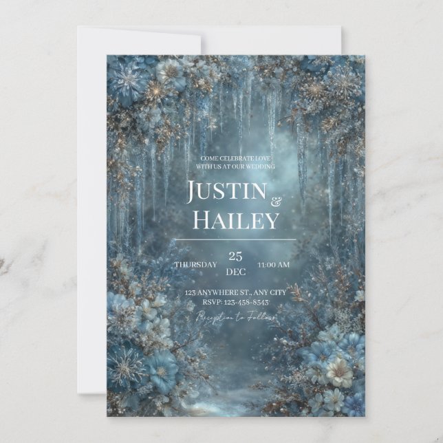 Frosted Blue White Floral Icicle Winter Wedding Invitation (Front)