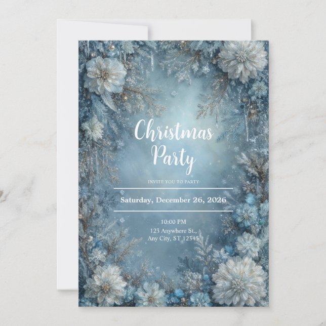 Frosted Blue White Floral Icicle Winter Wedding Invitation (Front)