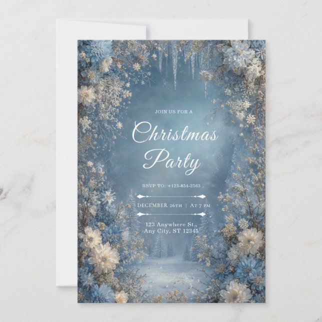 Frosted Blue White Floral Snowflake Winter Wedding Invitation (Front)