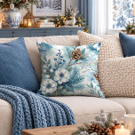 Frosted Blue Winter Flowers Pine Cones Throw Pillo Pillow