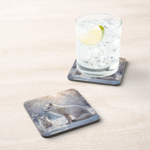 "Frosted Bonds: The Arctic Fox and Her Cub" Beverage Coaster