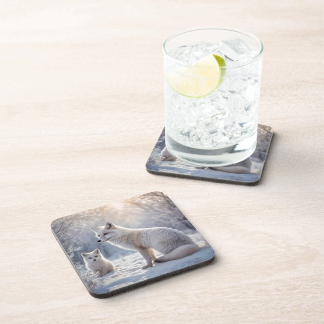 "Frosted Bonds: The Arctic Fox and Her Cub" Beverage Coaster (Right Side)