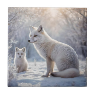 "Frosted Bonds: The Arctic Fox and Her Cub" Ceramic Tile