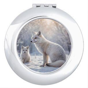 "Frosted Bonds: The Arctic Fox and Her Cub" Compact Mirror
