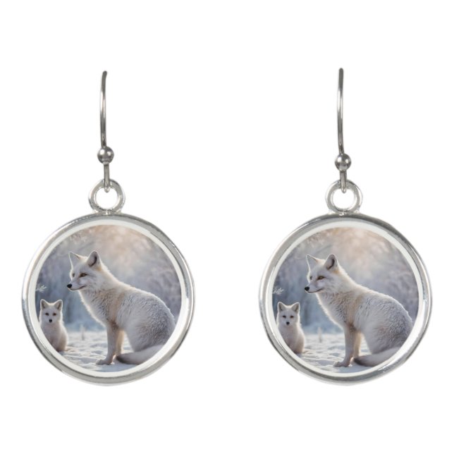 "Frosted Bonds: The Arctic Fox and Her Cub" Earrings (Front)