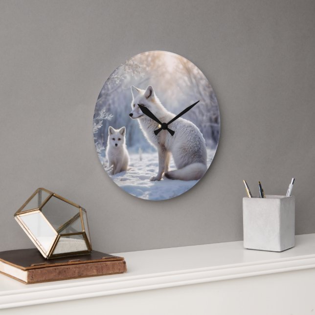 "Frosted Bonds: The Arctic Fox and Her Cub" Large Clock (Office)