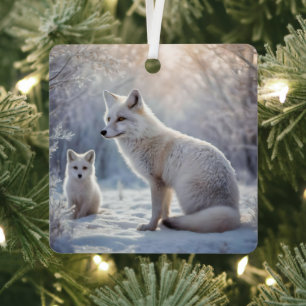 "Frosted Bonds: The Arctic Fox and Her Cub" Metal Ornament