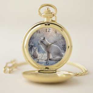 "Frosted Bonds: The Arctic Fox and Her Cub" Pocket Watch