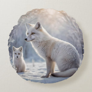 "Frosted Bonds: The Arctic Fox and Her Cub" Round Pillow