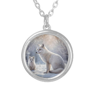 "Frosted Bonds: The Arctic Fox and Her Cub" Silver Plated Necklace