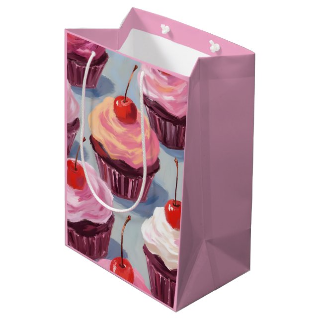 Frosted Cherry Cupcakes | Birthday Celebration Medium Gift Bag (Back Angled)
