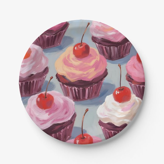 Frosted Cherry Cupcakes | Birthday Celebration Paper Plates (Front)