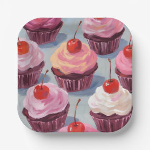Frosted Cherry Cupcakes   Birthday Celebration Paper Plates