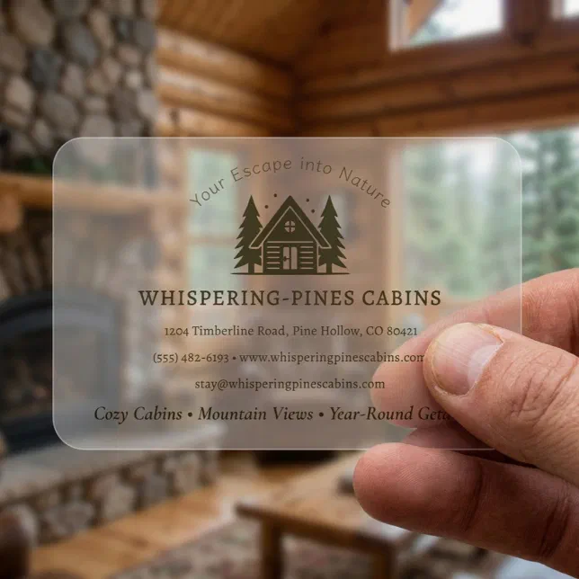 A frosted business card is held in a person's hand. The inside of a cabin can be seen in the background. 