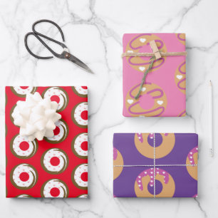 Frosted Dripping Donuts Hearts Pattern Wrapping Paper Sheets